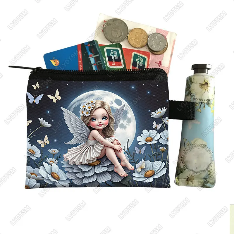 Kawaii pequeno anjo oração padrão saco de moedas bebê anjo com asas feminino cartão chave fone de ouvido titular carteira saco de dinheiro bolsa com zíper