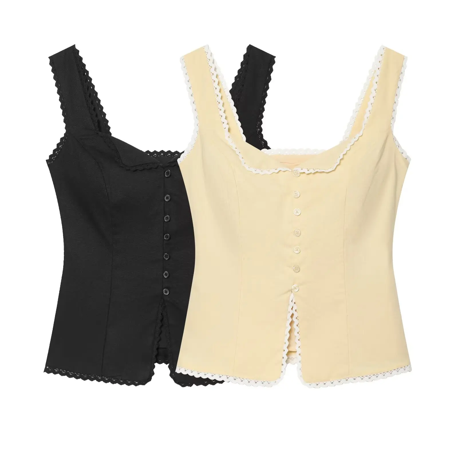 Vintage French style Spliced Lace V neck Front Buttons Slit Hem Tank Top Women Lacing Up Back Sleeveless T-shirts Girl Crop top