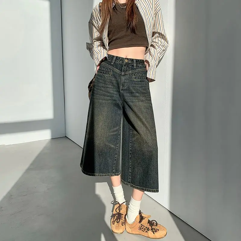 

Vintage Loose Wide Leg Pants Women High Waist Casual Denim Capris