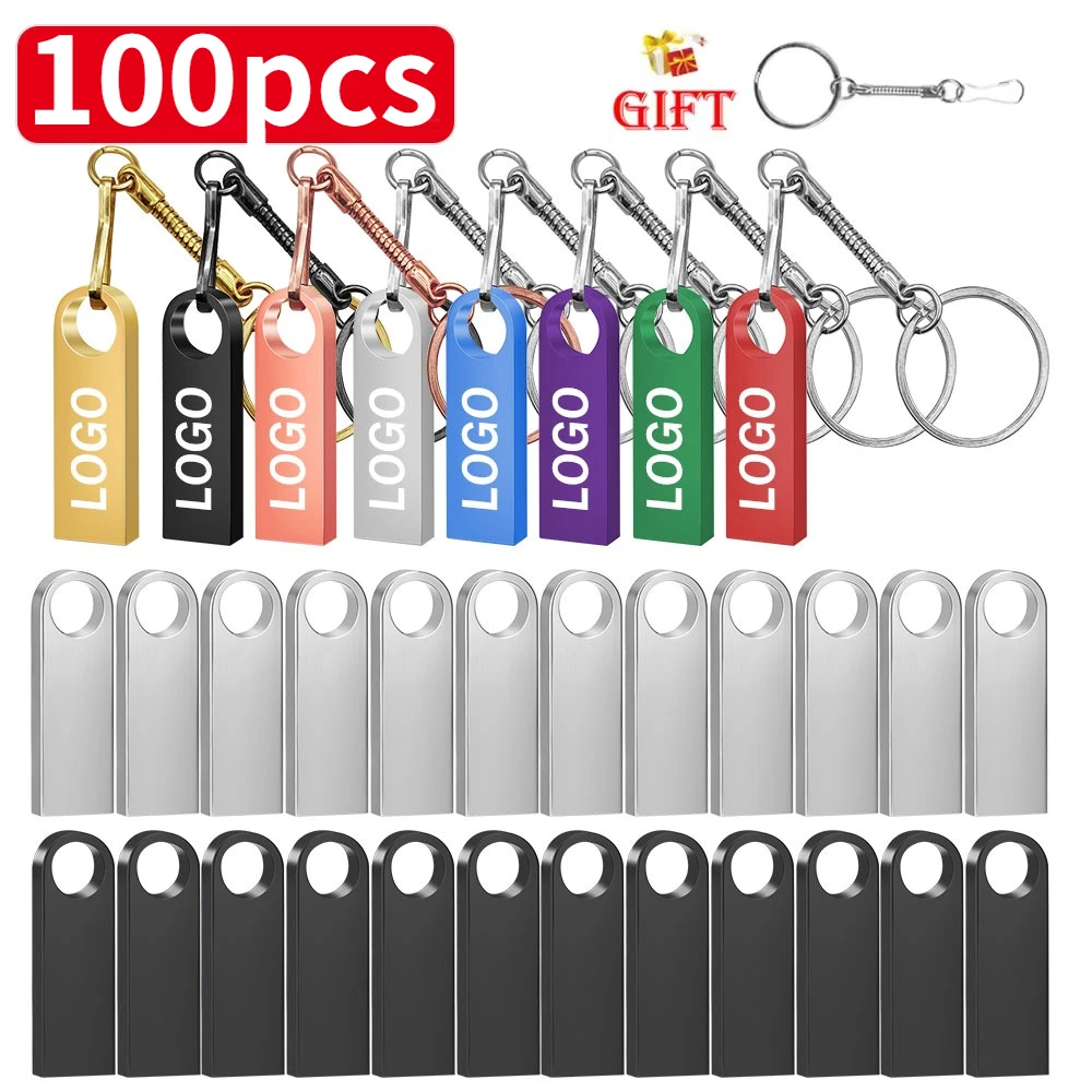 

100PCS Flash Drives Metal 64GB Free laser Logo Black 32GB Pen Drive 16GB Memory Stick Free Key Chain U Disk 8GB 4GB Gift 128MB