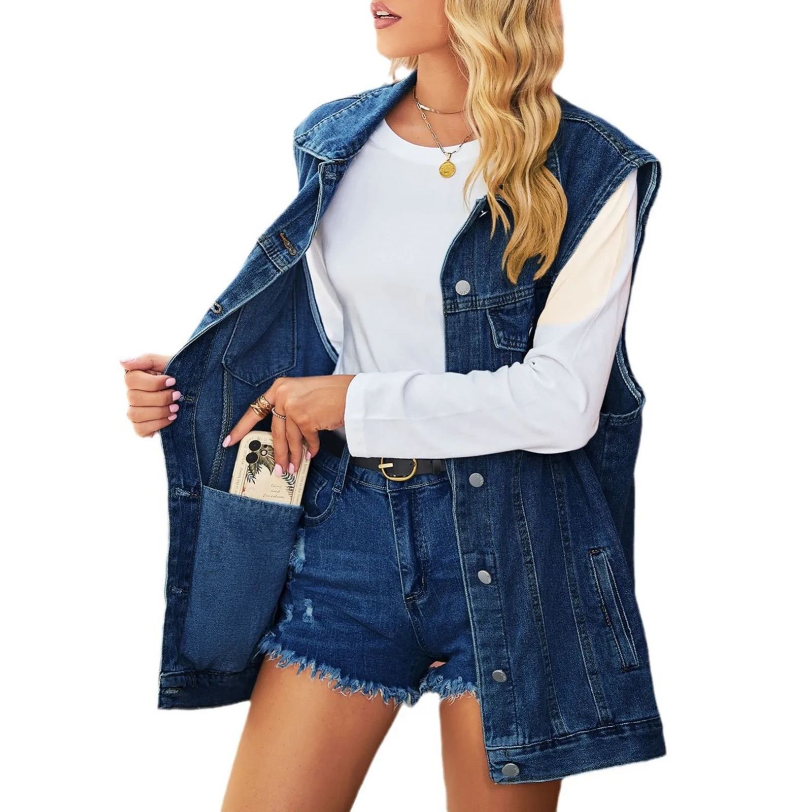 Hot Sale Women Black and Blue Sleeveless Denim Vest Fashion Loose Long Jeans Coat Street Casual Female Clothing Drop Ship