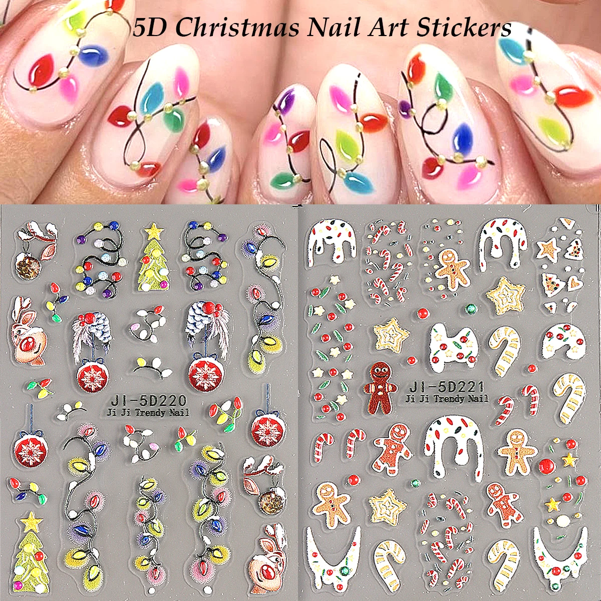 5D Embossed Christmas Nail Stickers, Colorful Fairy Light Gingerbread Man Elk Candy Cane Self-Adhesive Nail Art Decorations