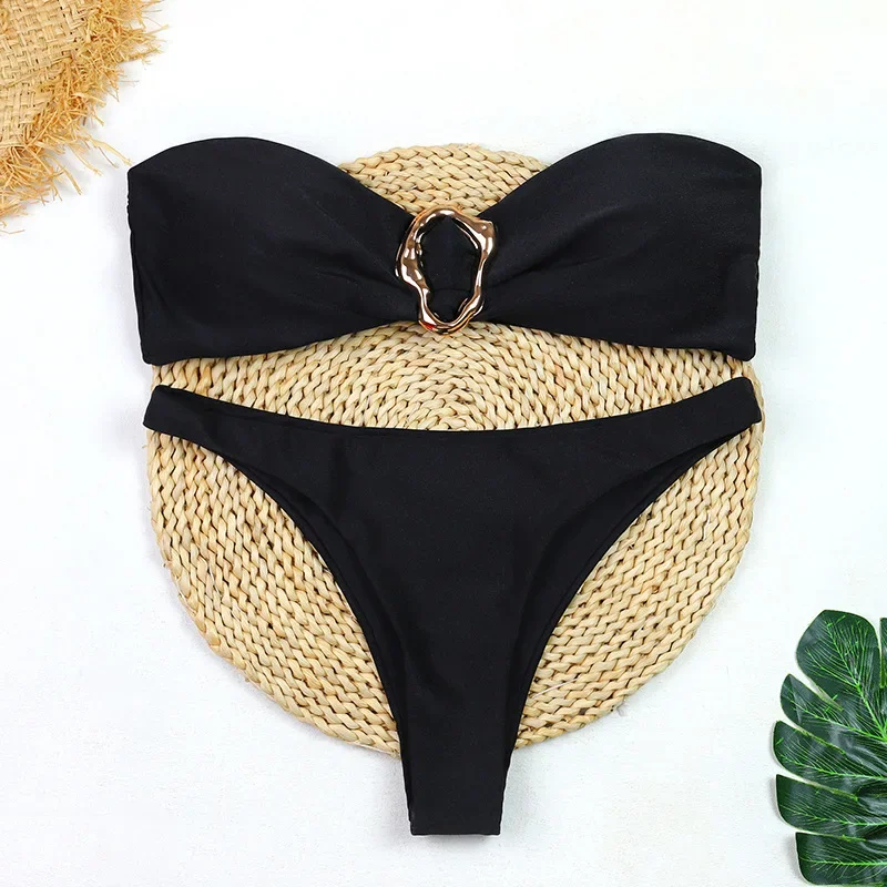 

2025 New Metal Ring Strapless Bikini Sexy Red Women's Swimsuit Split Two-piece Set