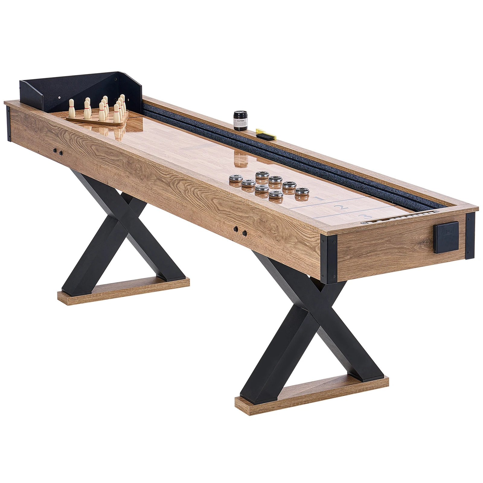 Shuffleboard Table, 9 ft Shuffleboard for Family Game Rooms, 2 in 1 Shuffleboard and Bowling Combo Game Set, 8 Pucks, Legs, Bowling Set, Wax, and Table Brush, Featuring Scratch-Resistant Playfield