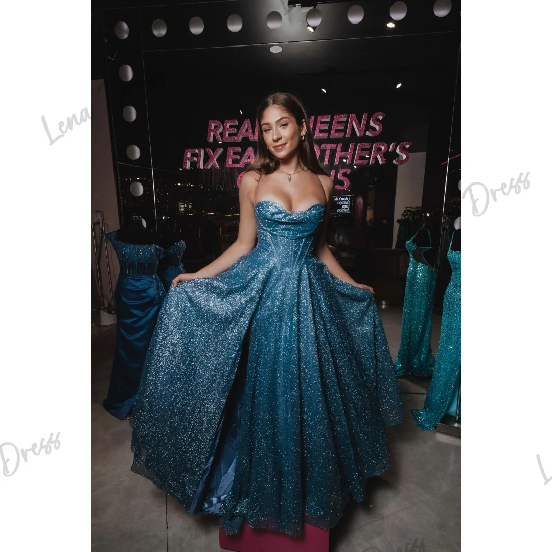 Lena-Robe de Rhfendue sur le côté pour femme, robes de soirée en serin brillant, jupe longue ligne A, bretelles spaghetti élégantes, fête de mariage