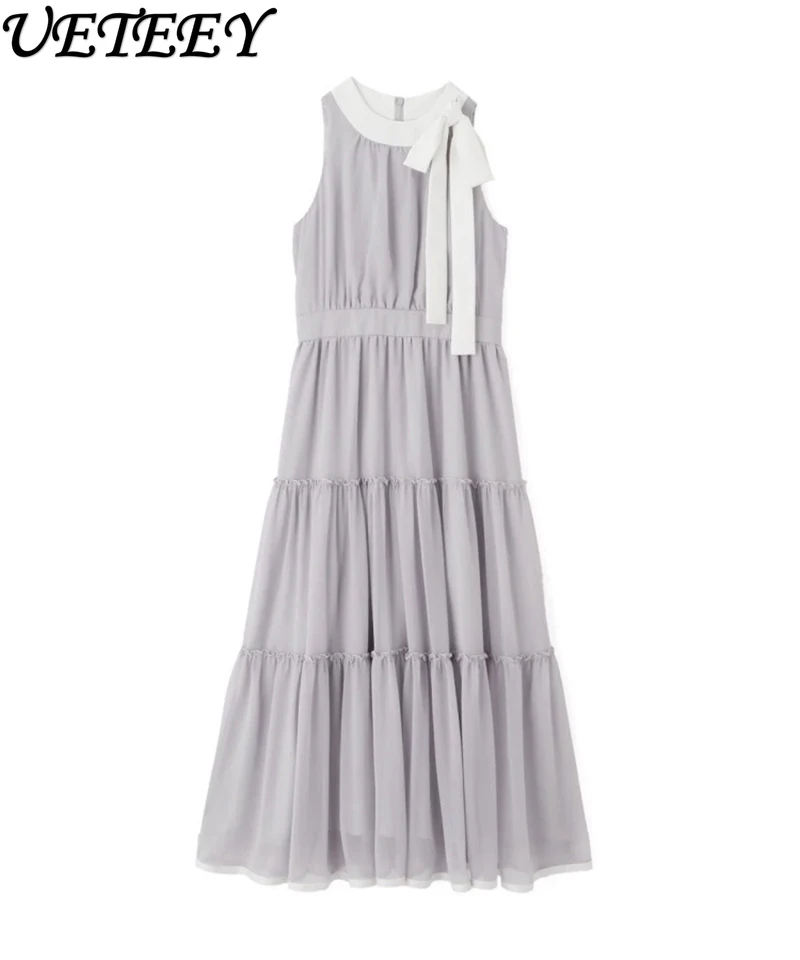 Lente en zomer nieuwe zoete stijl halter hals ronde hals hoge taille afslankjurk mode stip vlinderdas lange jurken