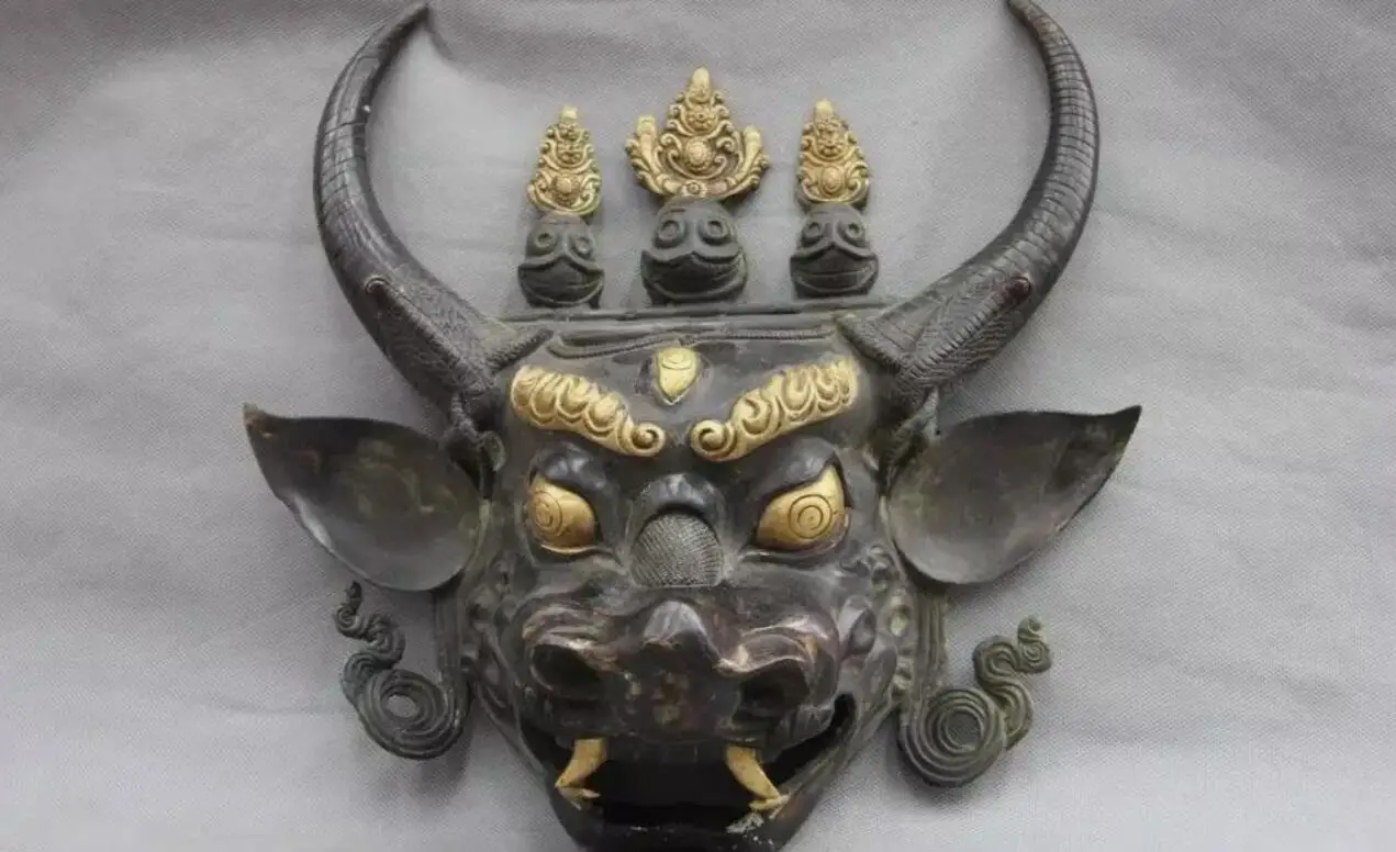 14 Bronze Copper Gilt Yamantaka Head Mask Hayagriva Buddha Face Bull Ox Statue