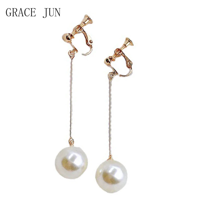 GRACE JUN Gold Color Faux Pearl Clip on Earrings No Pierced Luxury Fashion Drop Earrings Party Wedding Fashion Women\'s Earrings