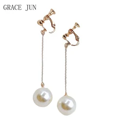 GRACE JUN Gold Color Faux Pearl Clip on Earrings No Pierced Luxury Fashion Drop Earrings Party Wedding Fashion Women's Earrings