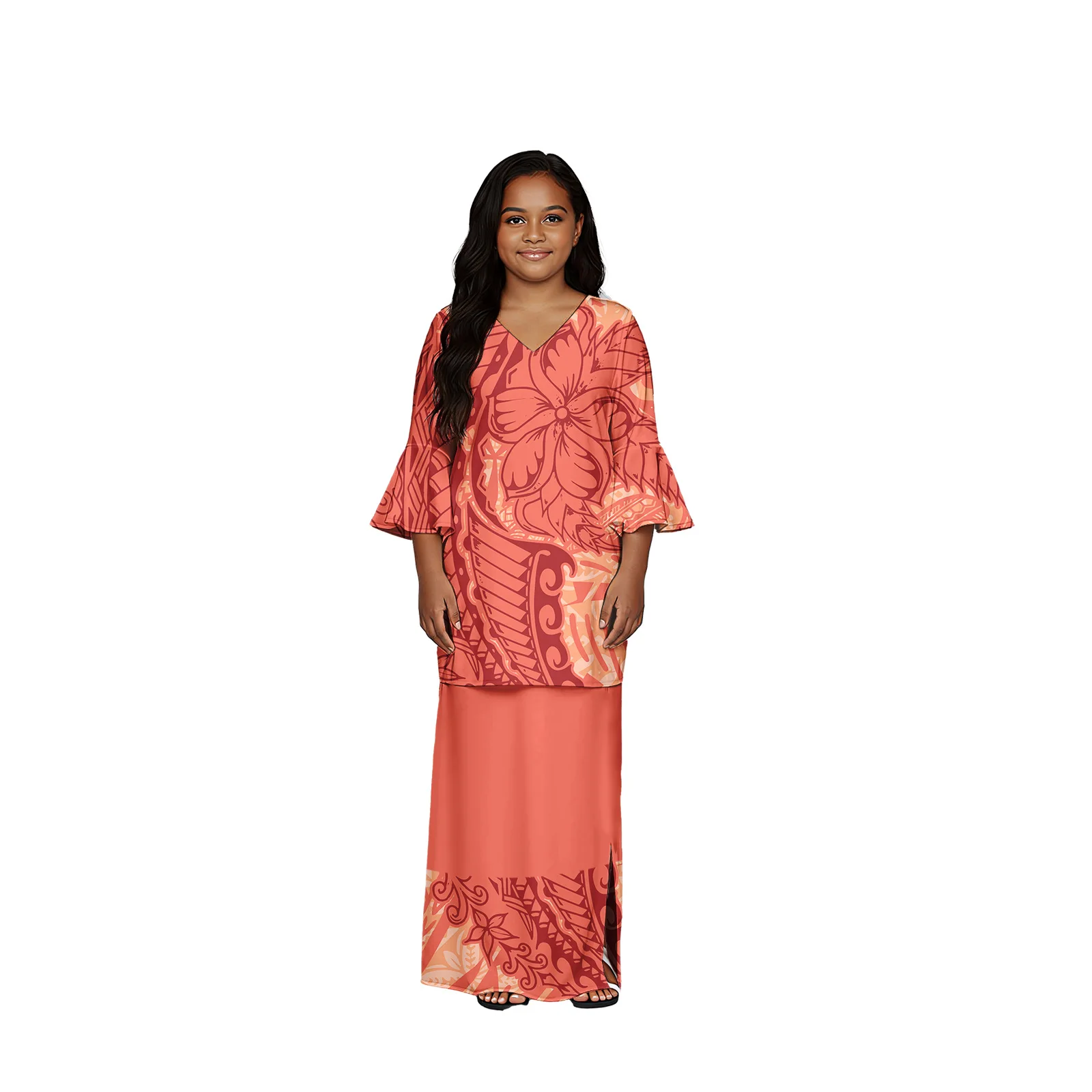 Toddler Polynesia Long Flare Sleeve Kids Puletasi V-Neck Children Party Prom Fashion Samoan Puletasi Tribal Girls Lovely Clothes