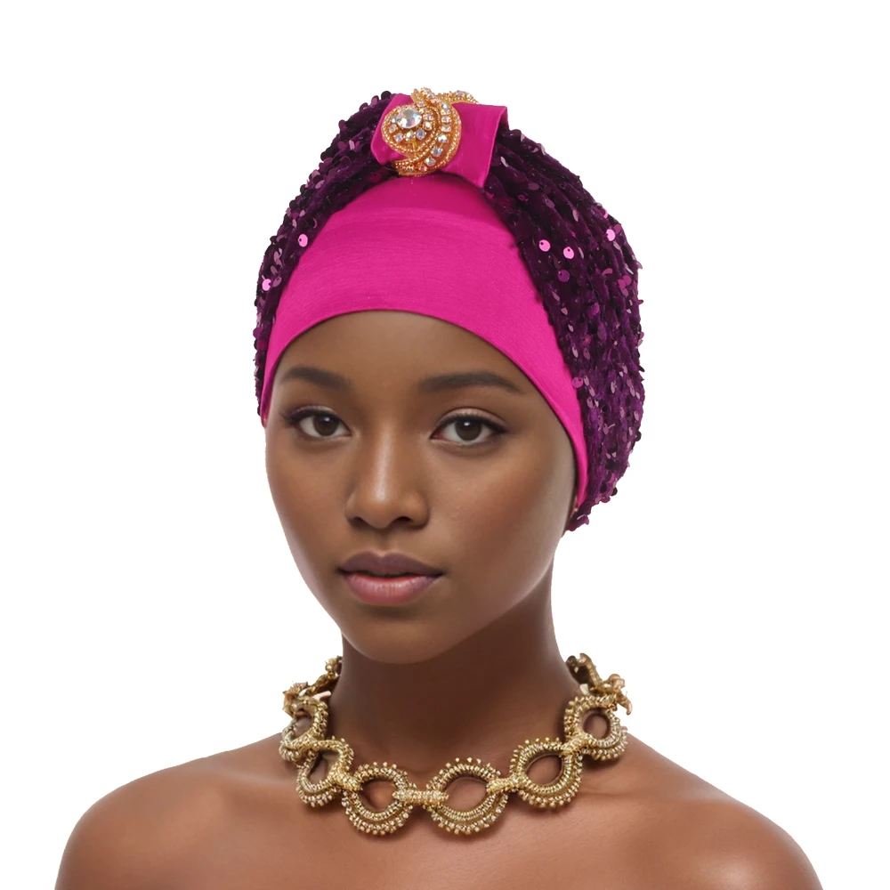 Shining Diamond Sequins Women\'s Turban Cap African Hat Headtie Bonnet Muslim Headwear Top Knotted Head Caps Turbante Mejur