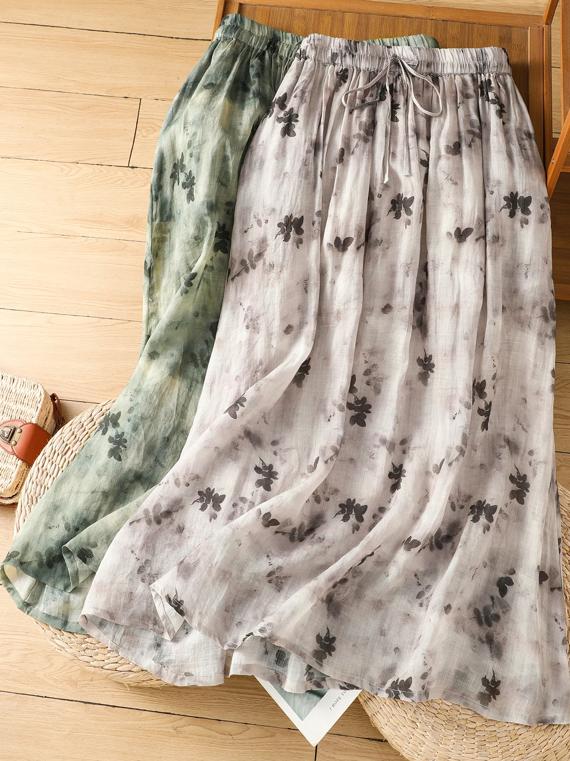 Retro chinês tinta de água tingido linho f saia feminina solta artística versátil meados de comprimento a linha saia verão nova chegada