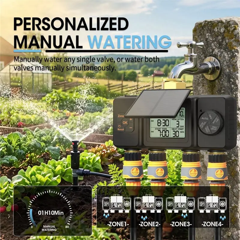 AT69 -Solar Irrigation Timer Automatic Watering System 4 Zone Control For Garden Outdoor Tap Valve BSP3/4 Smart Irrigation Contr