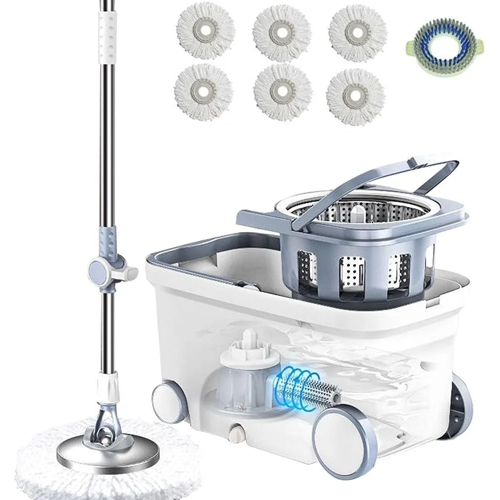 

360 Spinning Mop Bucket with 6 Microfiber Heads, 62" Handle & Wheels for Easy Home Floor Cleaning