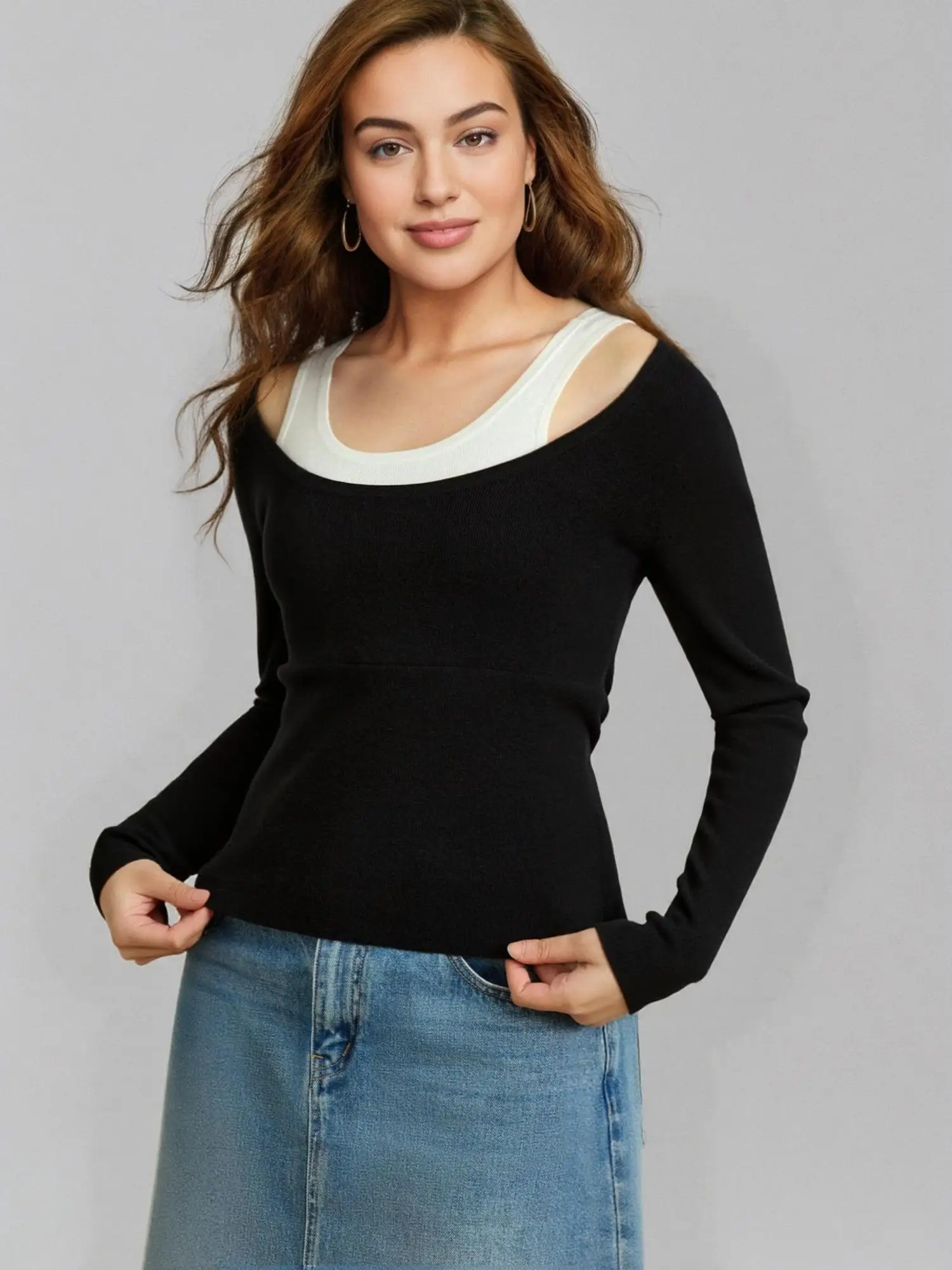 DUSHU Plus Size Women\'s Fake Two-piece Contrasting Color Sweater 2025 Spring New Commuting Elegant Chic All-match Top 25DS81069
