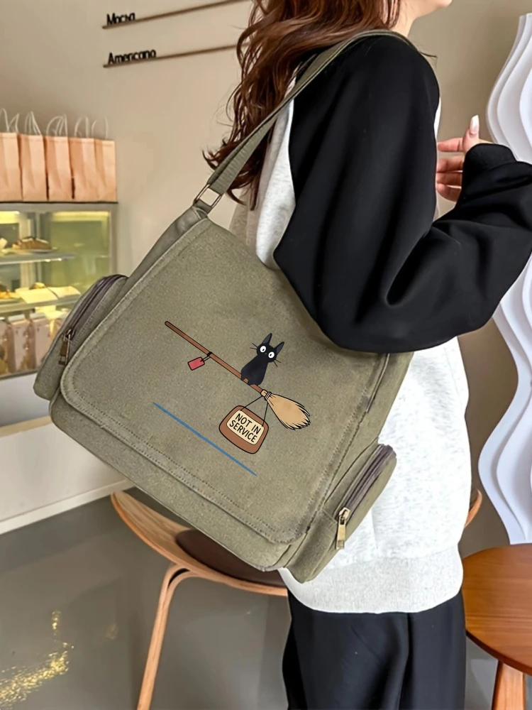 Sac à bandoulière rétro pour femmes, sacoche en toile imprimée chat, grande capacité, sac pour ordinateur portable quotidien