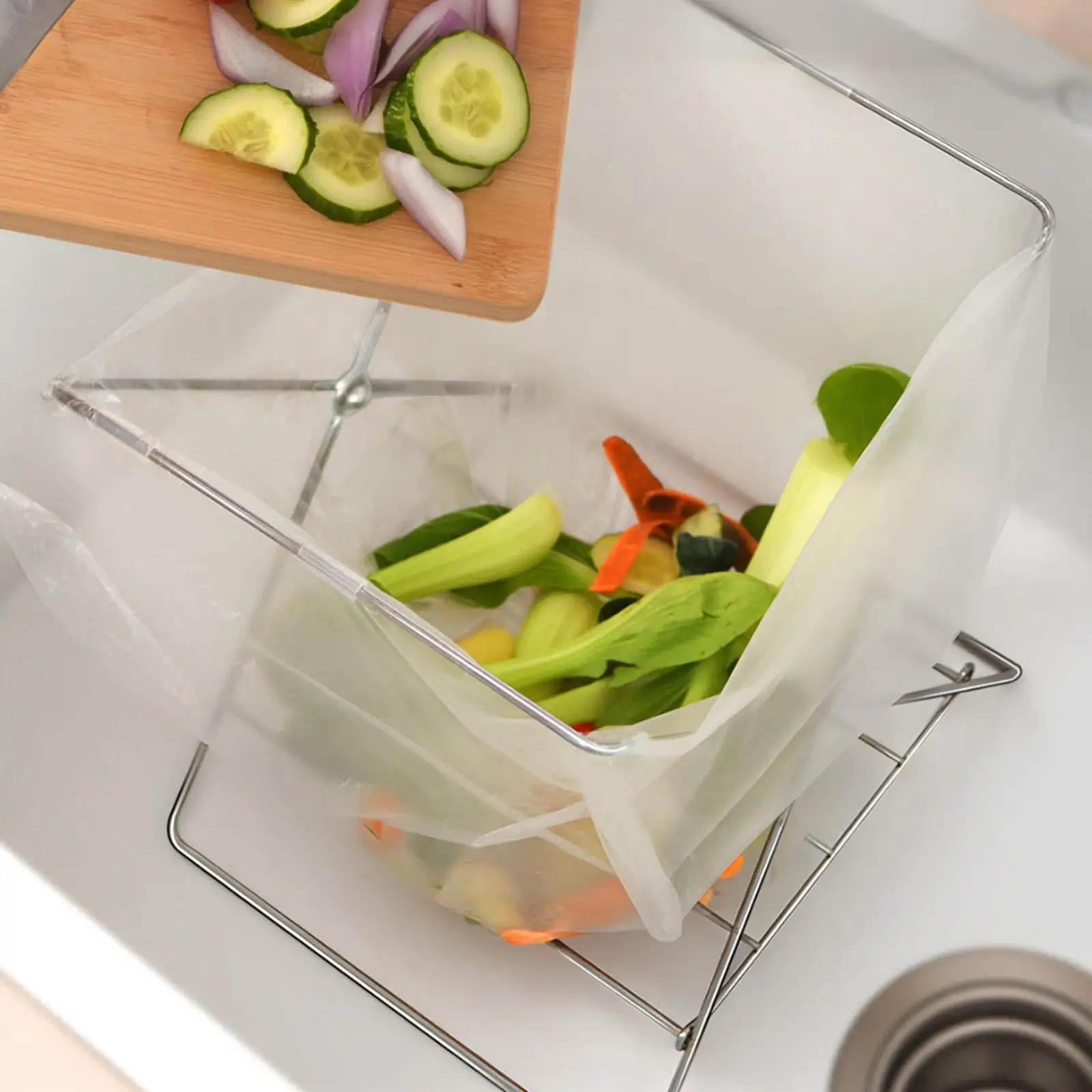 Trash Bag Holder Convenient Stable Stainless Steel Folding Garbage Bag Rack for Indoor Outdoor Countertop Kitchen BBQ Camping