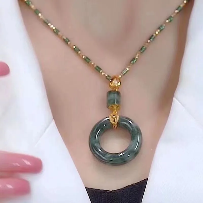 Exquisite jewelry retro peace buckle necklace sweater chain ice jade chrysoprase pendant gift stack daily wear gift