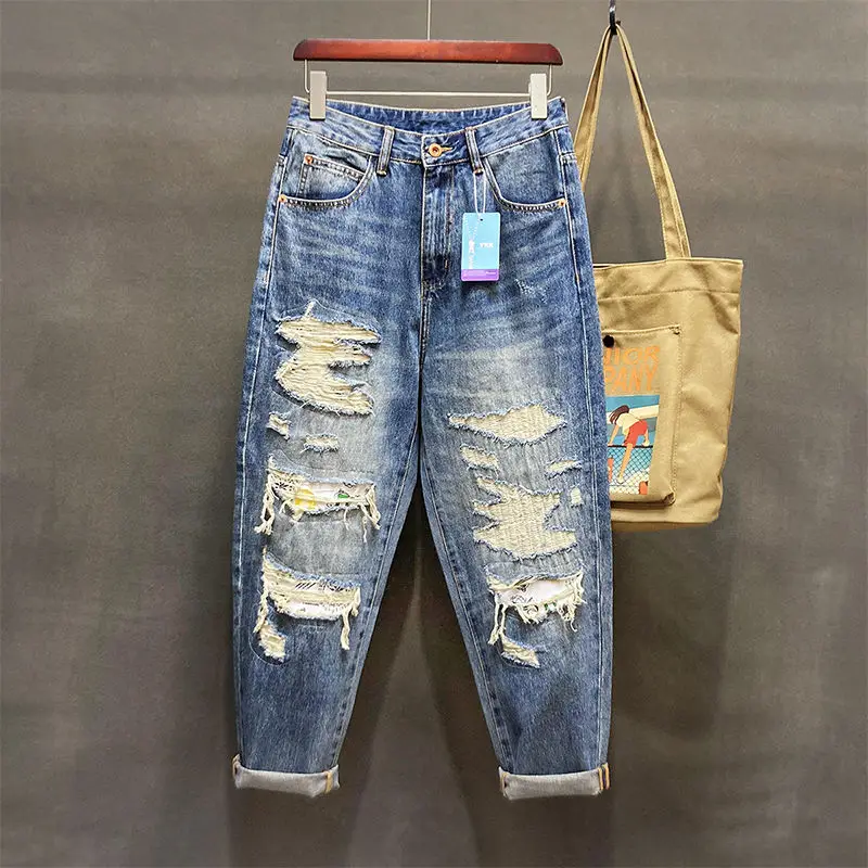 High Street Fashion Broken Hole Jeans Men's Scraped Patches Loose Straight Leg Wide Leg Trousers Street Beggar Casual Pants Men