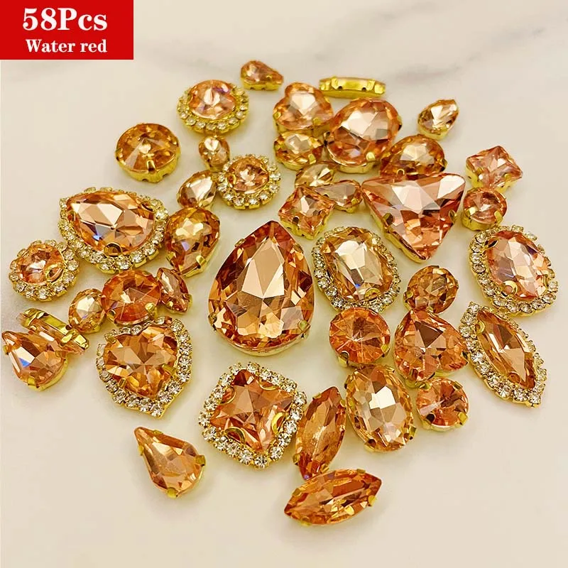 Mix Shape 58Pcs Water Red Crystal Buckle Glass Rhinestones, Sewing Accessories, Use for Needlework, DIY Clothing Decoration