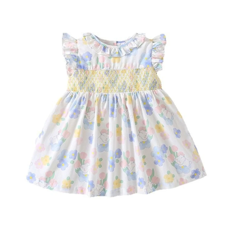 

2026 New Summer Girls Print Dress Cute Smocked Cotton Princess Dress Sweet Korean Style for Toddler Kids Girls