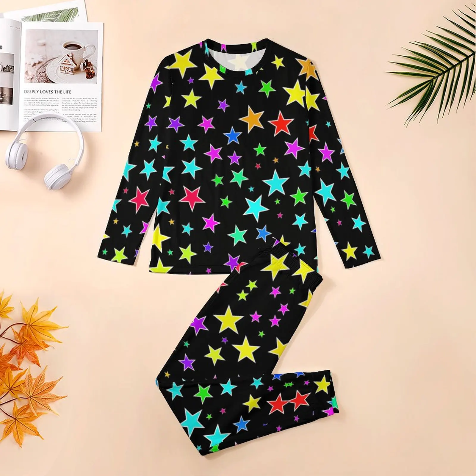 Colorful Stars Pajamas Spring Fun Star Print Bedroom Nightwear Mens 2 Piece Design Long Sleeve Kawaii Oversized Pajamas Set