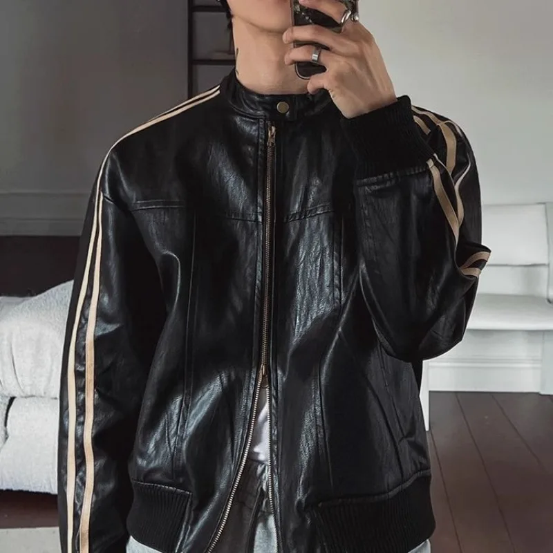 America Retro Leather Bomber Jacket for Men Clean Fit PU Leather Trench Coats Biker Jackets Women Spring Autumn Outerwears