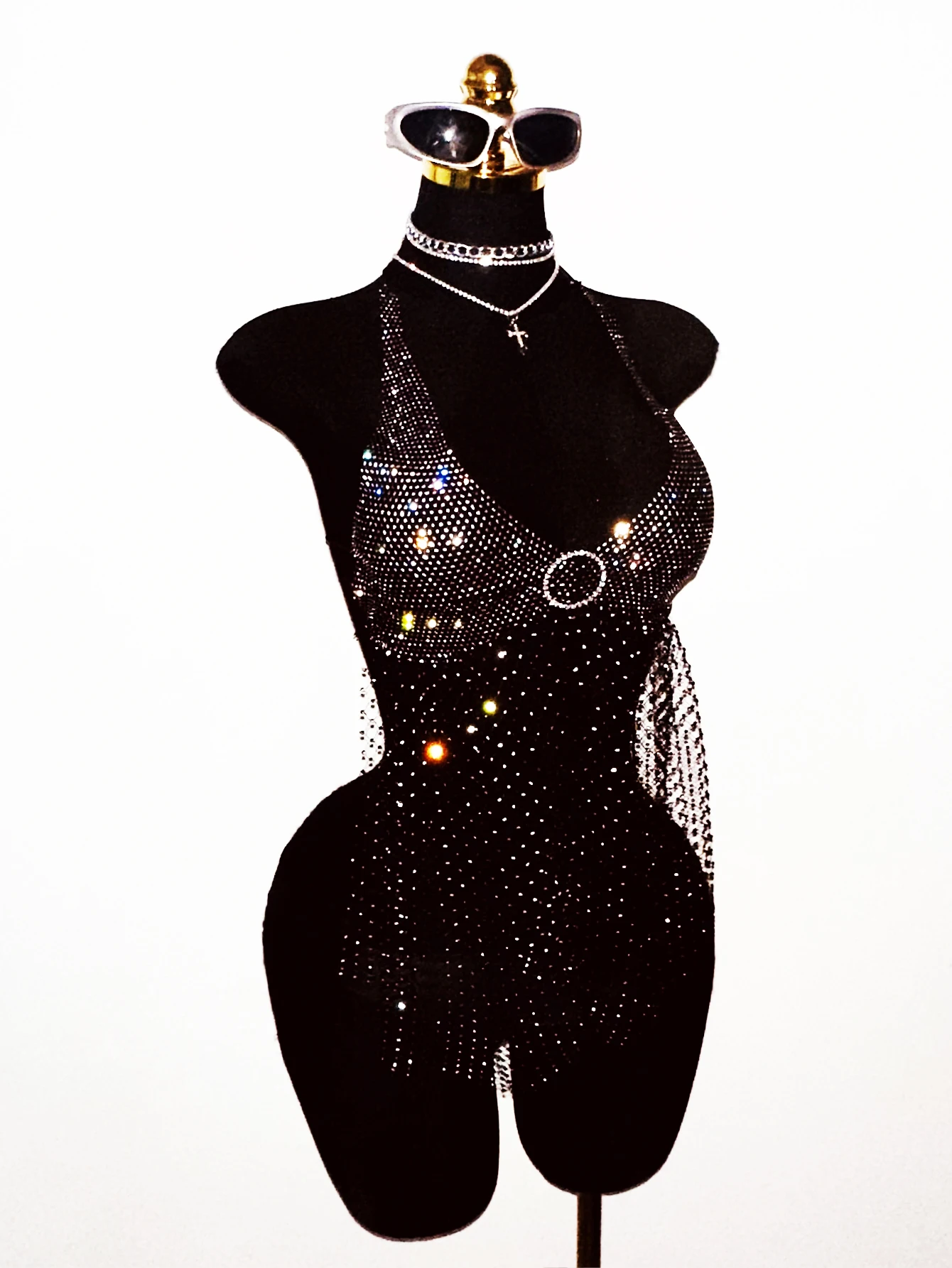 Women Mesh Rhinestone Tassel Long Tank Top Sexy Backless Halter Neck Hollow Perspective Shiny Camisole Holiday Party Tops