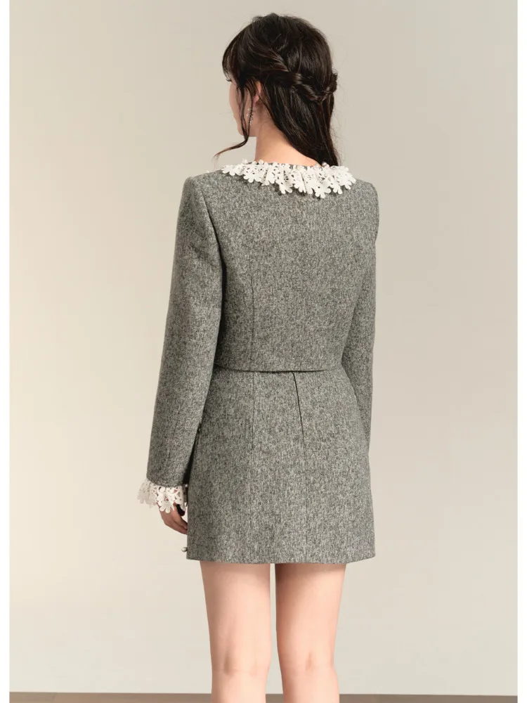 French Style High Quality Small Fragrance 2 Piece Lace Short Jacket Coat+Elegant A-line Pearl Skirt Winter High-end Fashion Sets