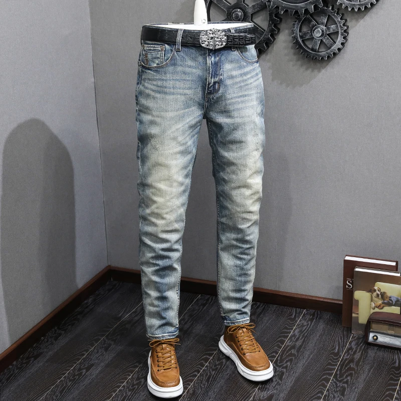 Fashion Designer High Quality Men Jeans Retro Light Blue Slim Fit Ripped Jeans Men Elastic Denim Trousers Vintage Pants Hombre