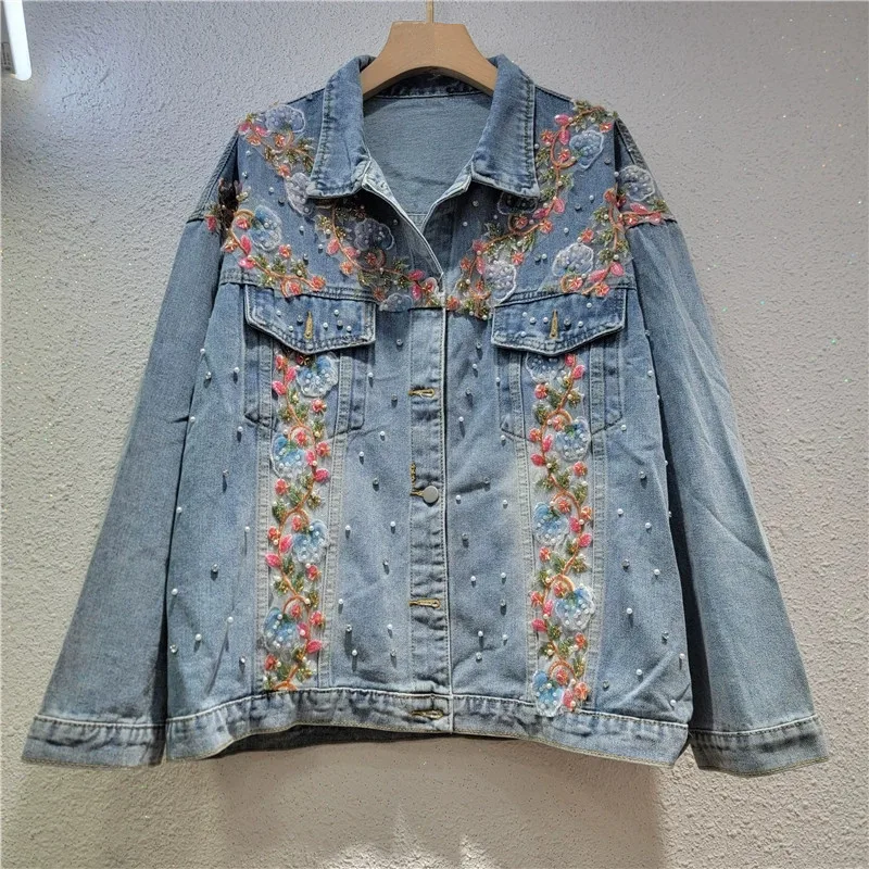 

Heavy Work Pearl Beaded Mesh Flower Short Denim Jacket Women Casual Loose Lapel Long Sleeve Blue Jeans Jackets Chaqueta Mujer