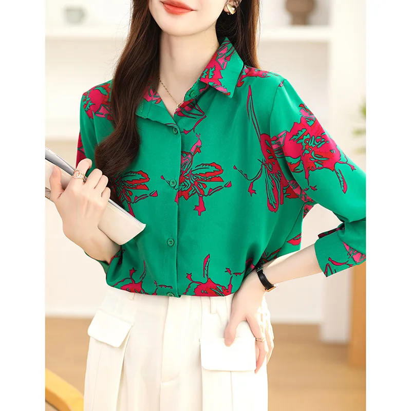 Women Clothing Fashion Rose Print Shirt Spring Summer Casual Loose Long Sleeve Blouses French Chic Elegant All-match Tops