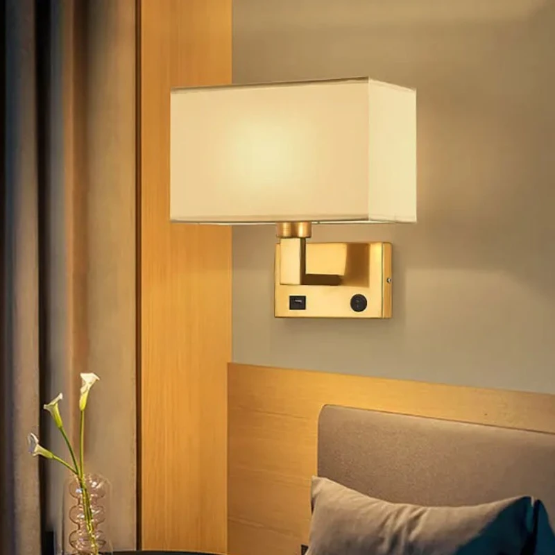 

Minimalist Black or Bronze Wall Sconces with Rectangle White Yellow Fabric Shade for Bedroom Hallway USB Wall Lights with Switch