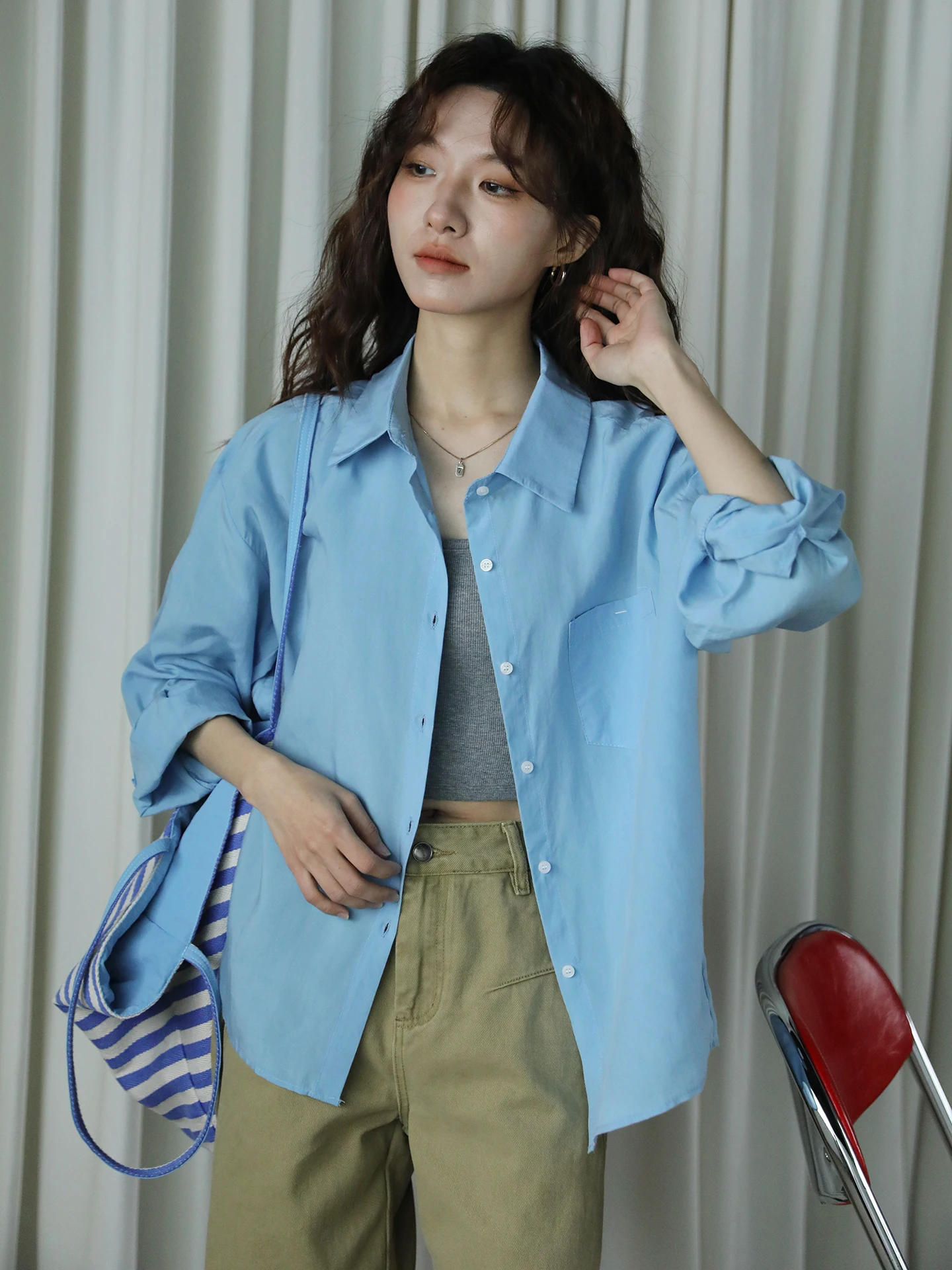 

Blue Button up Loose Cotton irt Women's Long Sve Commute Vintage Design Casual Versatile Top Simple Sle Korean Version