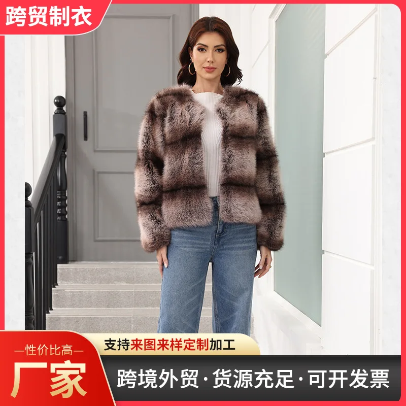 New Autumn Winter Faux Fox Fur Coat Woman Clothing Elegant O Neck Long Sleeve Stripes Faux Fur Jackets for Woman Fur Top