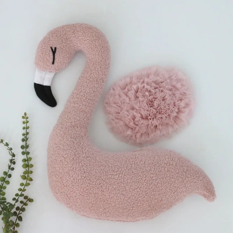 Newborn Photography Props Soft Flamingo Modeling Pillow+Lace Fluffy Yarn Cushion 2pcs/set Baby Fotografia Photo Shooting Props