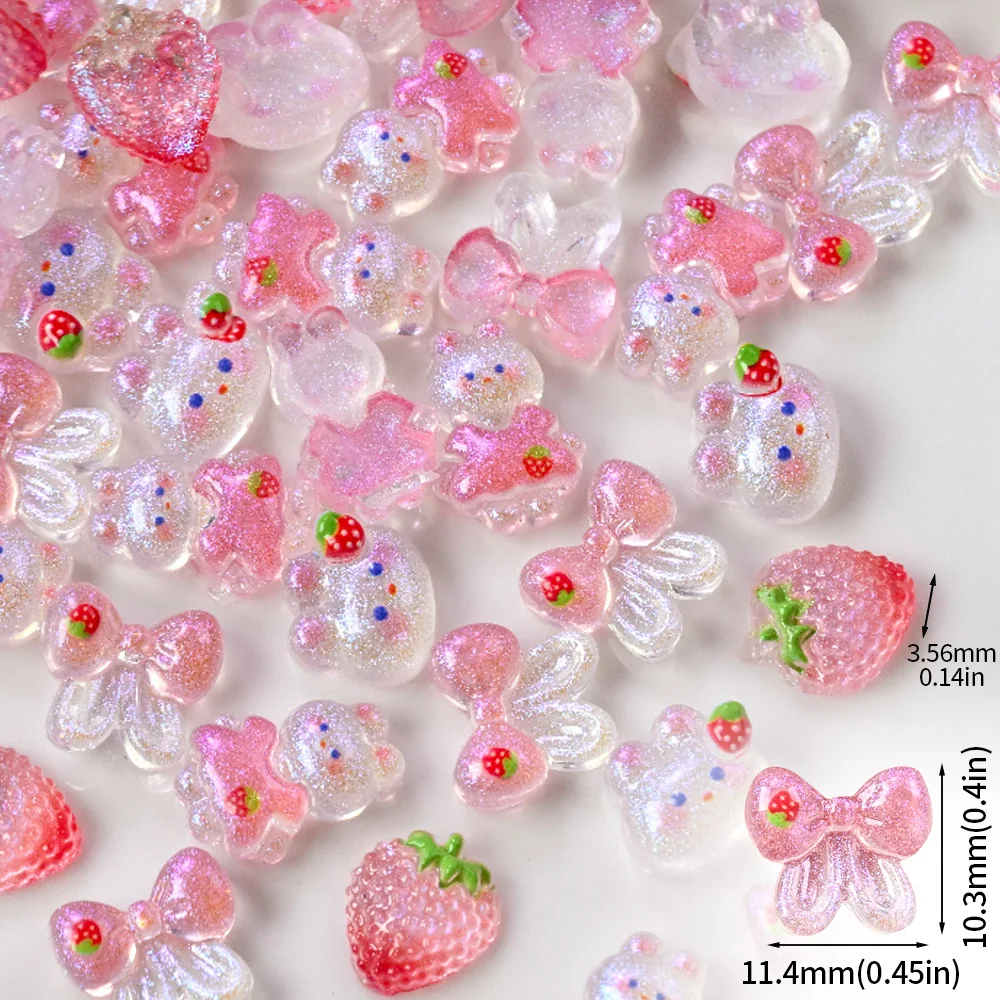 50Pcs Kawaii Mixed Strawberry Rabbit Nail Charm 3D Resin Mini Fruit Bunny Bowknot Rhinestones DIY Crafts Nail Art Decoration