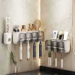 Wall-mounted Toothbrush Holder No Punching Multifunctional Toothbrush Rack Toothpaste Squeezer Storage Box Bathroom Accesories
