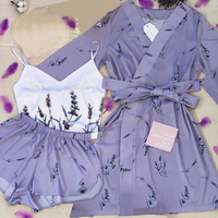 Lavender print Women's Summer Sexy Pajama Pants Set 3 Pieces Satin With Silk Sleepwear Robe Fashion And Comfortable Nightwear