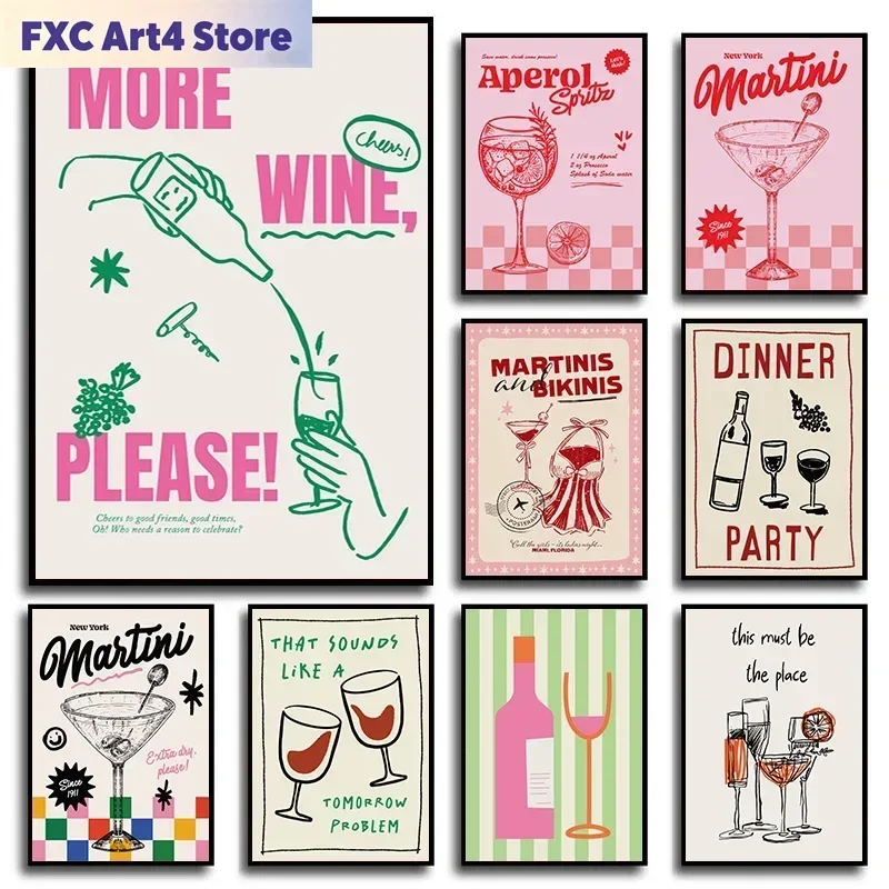 Impresión en lienzo sin marco de estilo retro para cóctel, mojito, club de vinos, arte minimalista para pared de bar, bebidas y comida, póster nórdico para sala de estar y cocina