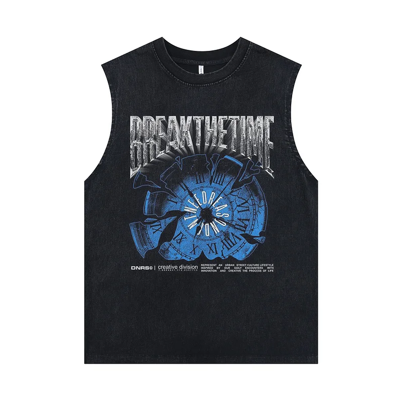

Broke Clock Print Washed Distressed Cotton Vest for Women Men Grunge Goth Summer Tops Tees Sleeveless Oversize Shirts Streetwear