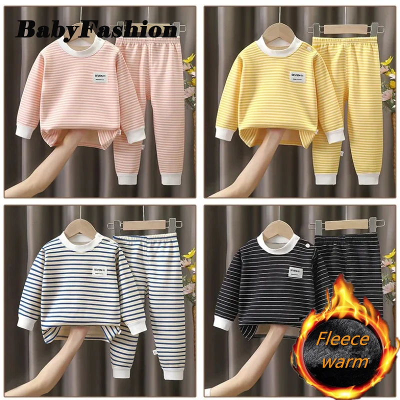 New Autumn Winter Kids Pajamas Baby Boys Girls Striped Thicken Warm T-shirt with Pants Youth Pyjamas Sleepwear Clothing Sets