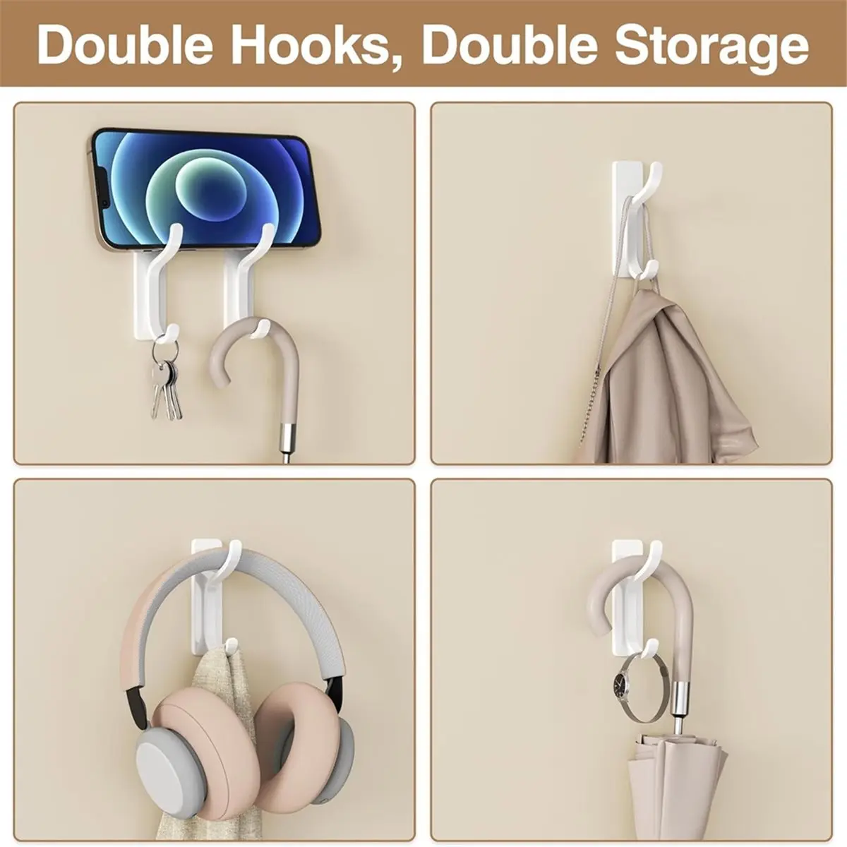 Adhesive Wall Coat Hooks-Heavy Duty Stick-on Door Hanger,Metal Hook for Hanging Towel,Purse,Backpack,Clothe-White,4 Pack