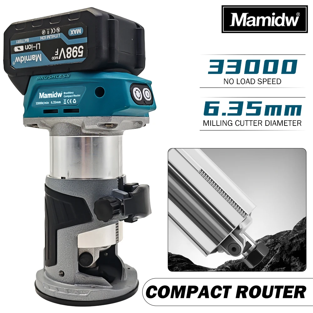 Mamidw Bürstenloser Akku-Kompaktfräser 33000 U/min 6,35 mm Fräserdurchmesser Elektrischer Holztrimmer für Holzbearbeitung Kantenfräsen Nutenfräsen Schnitzarbeiten (Nur Werkzeug) Für Makita 18V Akku