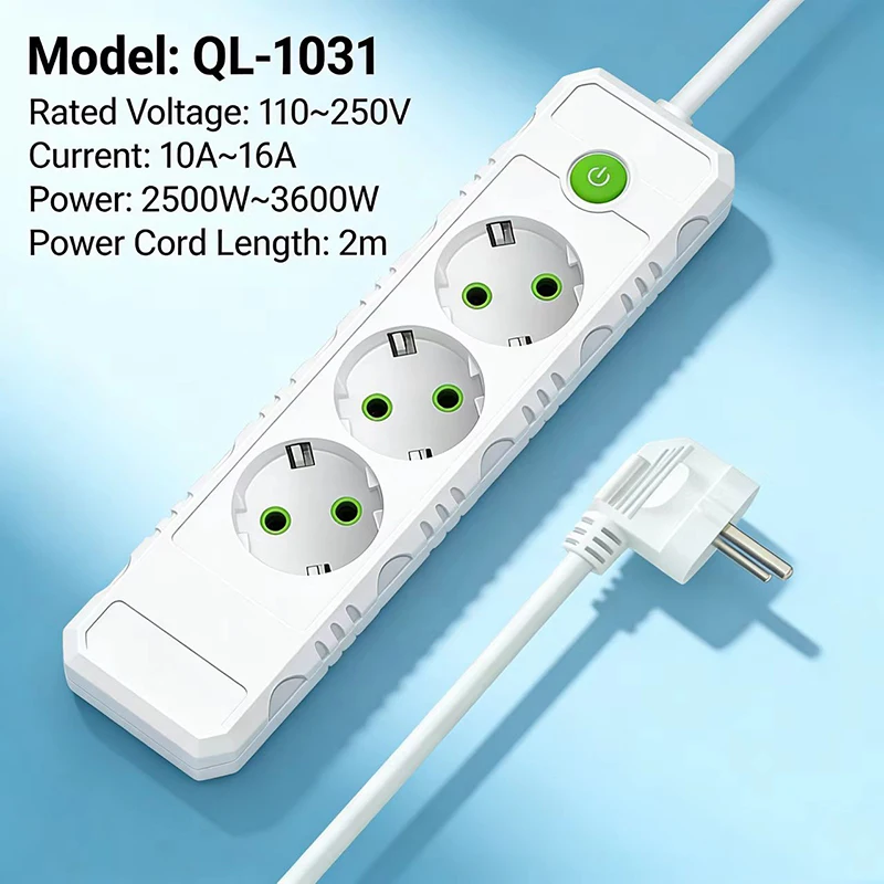 White 3-Outlet Power Strip with 2m Long Cord – Safe, Durable