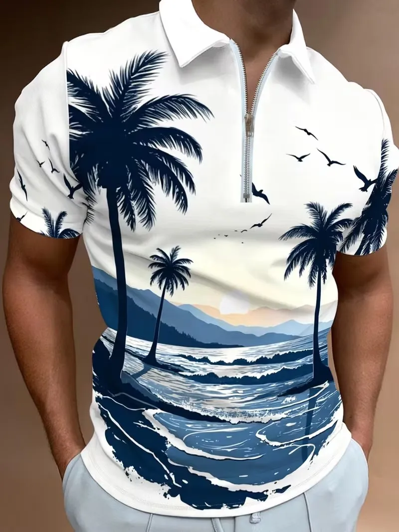 2026 Summer New Men's Short sleeved Polo Shirt with Zipper, 3D Printed Fashionable Casual Beach Style Versatile Top