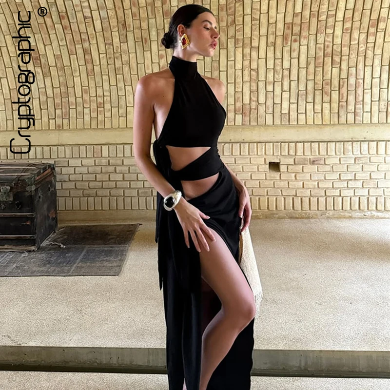 暗号化されたエレガントなノースリーブスリット入りマキシドレス、パーティータイディテール、セクシーなホルターネック、バンデージ、バックレス、カットアウト、ロングドレス、シックなガウン