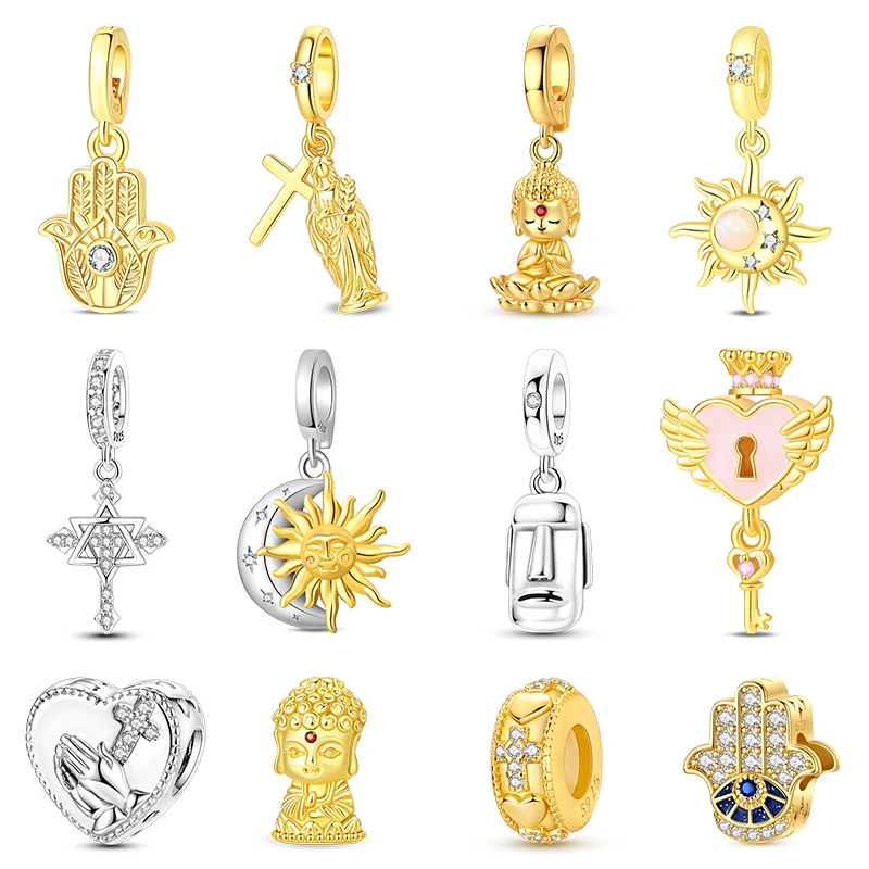 Vintage Faith Charm Bead 925 Sterling Silver Virgin Mary Star Moon Sun CZ Zircon Dangle Bead Fit Bracelet DIY Jewelry Gift