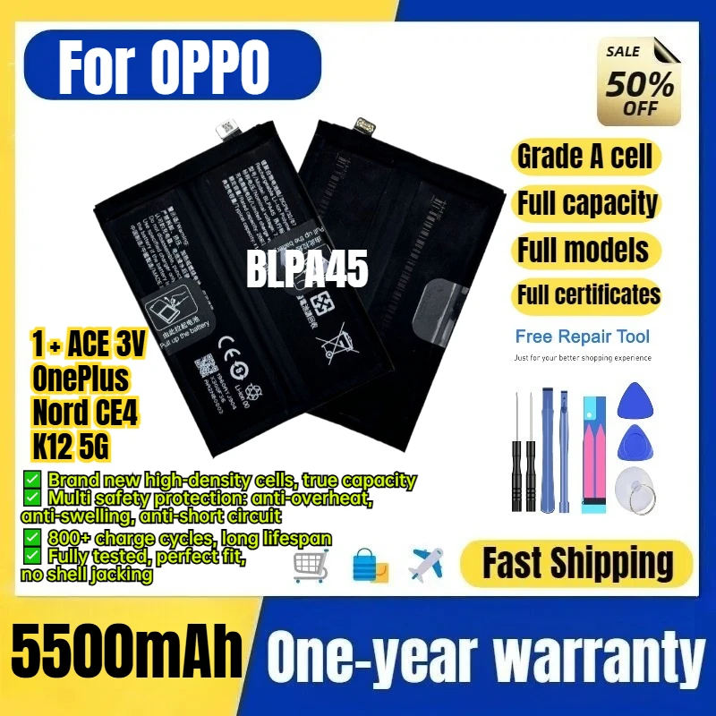 BLPA45 for OPPO 1 + ACE 3V/OnePlus Nord CE4/K12 5G Phone Battery 0 Cycle High Capacity Battery Replacement Bateria with Tools