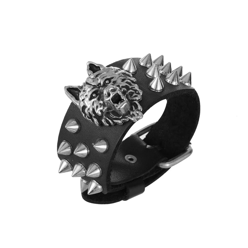 2025 Personalized Jewelry Handmade Weave Genuine Leather Wolf Head Bracelet Men Vintage Cuff Wide Leather Rivet Bracelet Pulsera